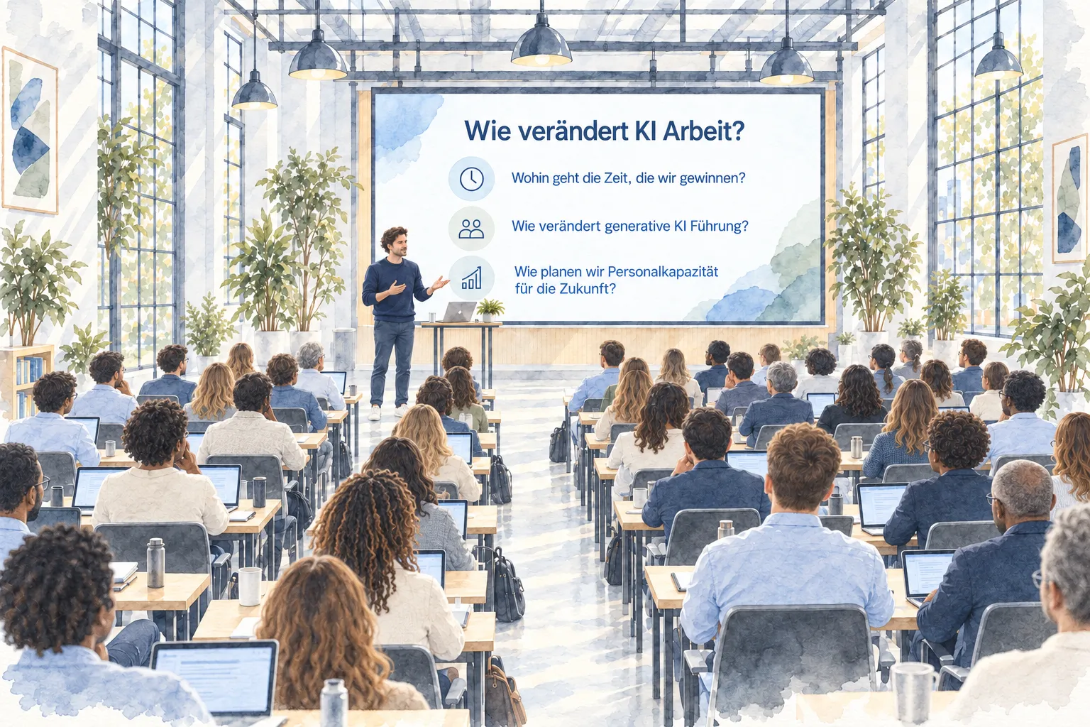 Lennart hält vor einem vielfältigen Publikum einen Vortrag über die Veränderung von Arbeit durch KI; im Mittelpunkt steht eine große Hauptfolie.